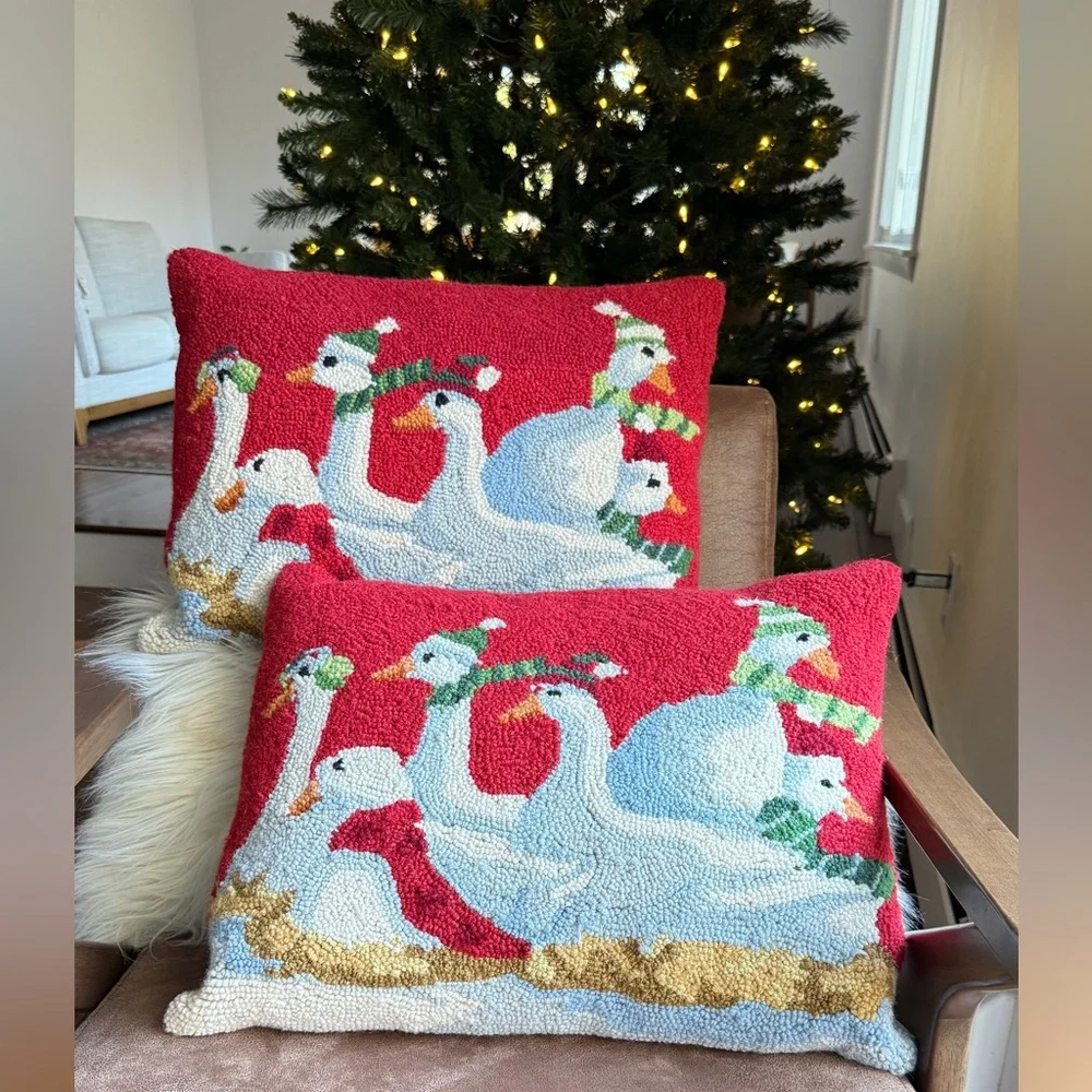Wool Festive Goose Holiday Pillow - Red and White